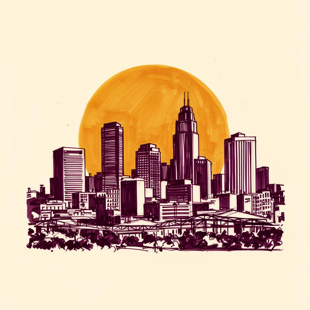 Hand-drawn illustration of the Charlotte skyline in plum ink with a marigold sun rising behind it
